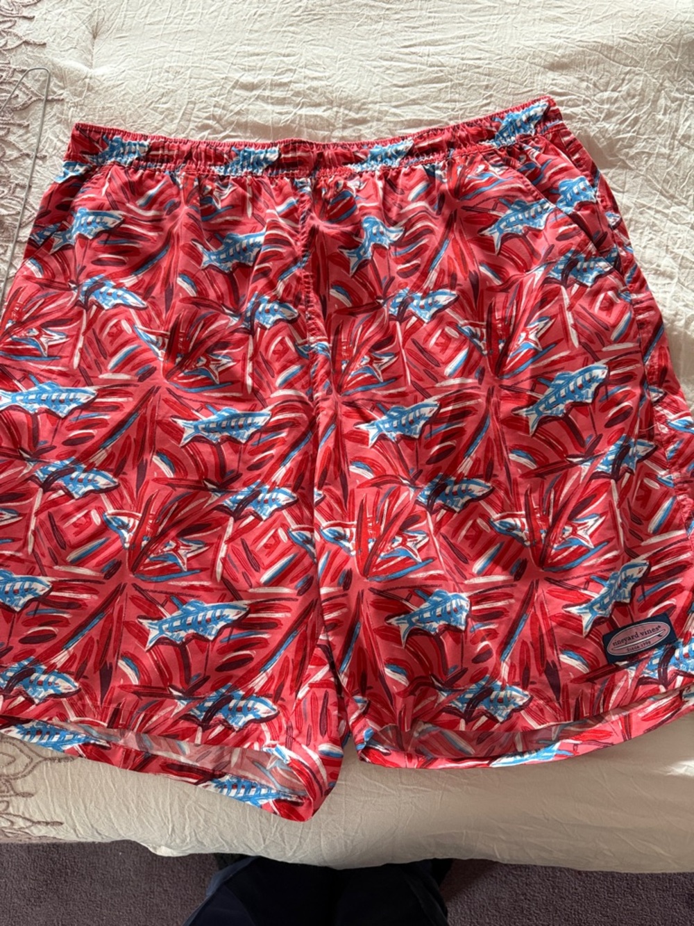Men's Red Tropical Swim Trunks - Blue Fish Print Vineyard Vines.  XL